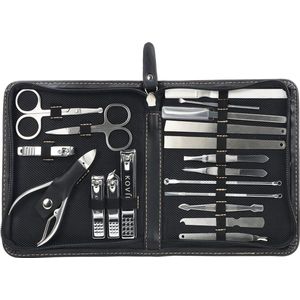 Nagelschaar Set - Professionele Roestvrij Stalen Verzorgingsset - Zwart - 19 Stuks