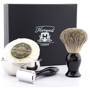 Haryali London Scheerset - 4-delige scheerkit - dubbele rand veiligheidsscheermes - Super dassenscheerkwast - scheerzeep - scheerkom - scheerschaal - scheerset als cadeau - zwarte kleur veiligheidsscheermeset