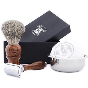 Haryali London Scheerset - 4-delige scheerset van hout - dubbelzijdig scheermesje - super dashaar scheerkwast - scheerzeep - scheerschaal - hoogwaardige zwarte set