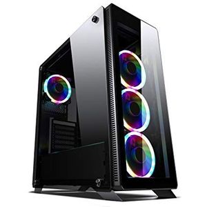 SaharaGaming P35 ATX gaming-computerbehuizing van gehard glas met 4 x 12 cm zwarte piratenventilatoren en 10-poorts PWM-hub