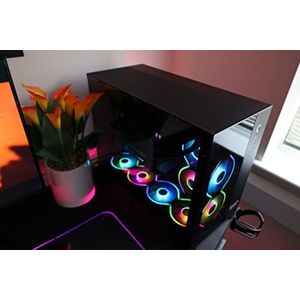 SaharaGaming P480TB-E RGB ATX PC-behuizing (4 x 12 cm modulair piratenoog ARGB-ventilator, kabelbeheer, 10 poorten fanhub, PWM, SYNC) zwart