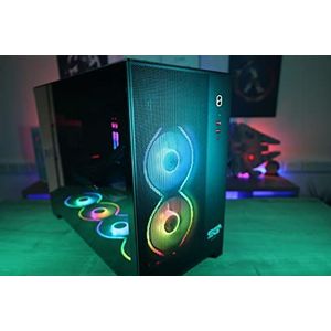 SaharaGaming P480MB-E RGB ATX PC-behuizing (4 x 12 cm modulaire piratenoog ARGB-ventilator, kabelbeheer, 10 poorten ventilatornaaf, PWM, SYNC) zwart