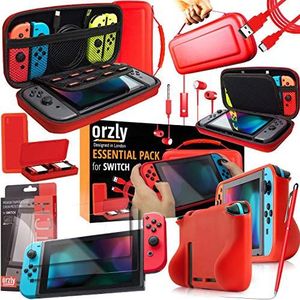 Orzly Switch Accessories Bundle – Includes Orzly Carry Case for Nintendo Switch Console, Tempered Glass Screen Protectors, USB Charging Cable, Switch Games Case, Comfort Grip Case & Headphones [Red]