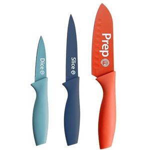 MasterChef Messenset, Messen Keuken Set (3-delige) met Santoku Koksmes, Schilmesjes & Universeelmes, Roestvrĳ Staal, Antiaanbakbladen, SoftGrip Handgrepen, Scherpe Bladen, Veelkleurig