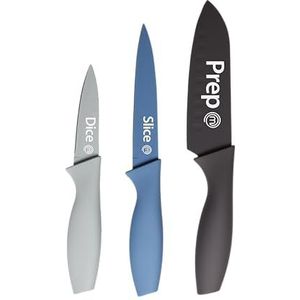 MasterChef Set van 3 roestvrijstalen keukenmessen, scherp lemmet met krasbestendige coating, zachte handgrepen, 3 stuks, blauw