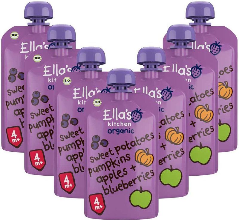 7x Ella's Kitchen Knijpzakje 4+ m Appel Zoete aardappel Pompoen Bosbessen 120 gr