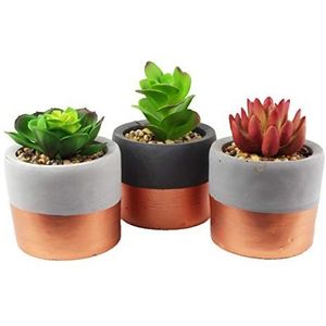 Leaf Set van 3 keramische plantenbakken met kunstmatige, 3 x mini koperen band planten, 14cm