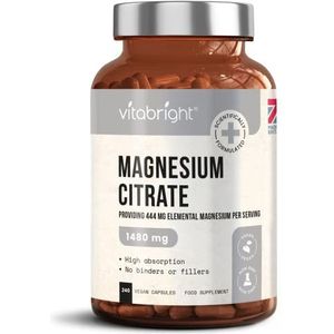 Magnesiumcitraat - 1480 mg met hoge sterkte - 240 capsules (voorraad voor 4 maanden) - Veganistische premium magnesiumcapsules - Biedt 444 mg elementair magnesiumsupplement - Gemaakt in het VK door VitaBright