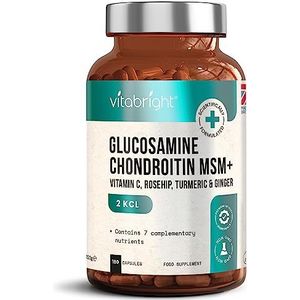Glucosamine en chondroïtine MSM-gewrichtsverzorgingssupplement - met kurkuma, vitamine C, gember en rozenbottel - Hoge sterkte - 180 capsules - Premium glucosaminesulfaat - Gemaakt in het VK door VitaBright