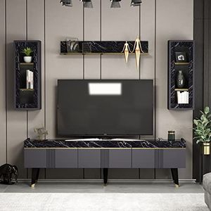 Homidea Karya Tv-meubel, tv-set, tv-kast, tv-tafel, tv-lowboard, 3 deuren, in modern design, (antraciet/marmer)