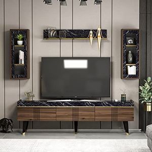 Homidea Karya Tv-meubel, tv-set, tv-kast, tv-tafel, tv-lowboard, 3 deuren, in modern design, (walnoot/marmer)