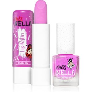 MISS NELLA Set nagellak + lippenbalsem - Speciale paarse glitternagellak voor kinderen - BLUEBERRY SMOOTHIE, met afpelbare, op water gebaseerde en geurvrije formule + CUTIE PIE paarse hypoallergene lippenbalsem