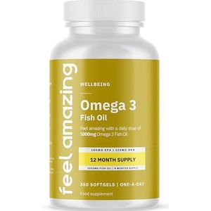 Omega 3 visolie: één per dag (volledig jaar 360 dagen aanvoer) - 1000 mg visolie per softgel met 180 mg EPA, 120 mg DHA en 3 mg vitamine E - Premium hart en hersenen Health Boost door Feel Amazing