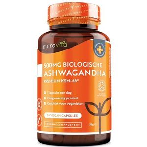 Biologische Ashwagandha capsules KSM-66® met Indische Ginseng (gebruikt in Ayurveda) en Full-Spectrum wortelpoeder in hoge sterkte - Vegan en rustgevende tabletten met 5% Withanolides - Nutravita