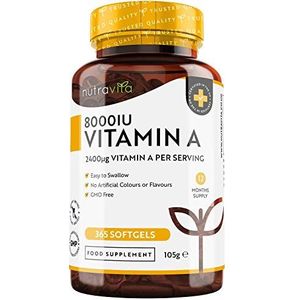 Vitamine A 8000IU - Onderhoud van het immuunsysteem, normaal zicht en huid - 2400 Î¼g vitamine A per softgelcapsule - 365 softgelcapsules - gemaakt in het VK door Nutravita