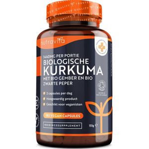 Bio Kurkuma Capsules (met Curcumin) 1440 mg met Zwarte Peper en Gember - 180 Vegan Turmeric Capsules met Hoge Dosering (3 Maanden Voorraad) - Gemaakt in het Verenigd Koninkrijk door Nutravita