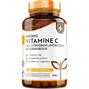 Nutravita Vitamine C 1000 mg – Ascorbinezuur Voedingssupplementen voor je weerstand met hoge sterkte, 180 vegan en vegetarische immuun tabletten (6 maanden voorraad), met toegevoegde bioflavonoïden en rozenbottel, voor normaal immuunsysteem