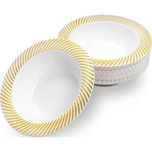 MATANA 20 Premium Witte Kunststof Schalen met Gouden Rand, Plastic Kommen (360ml) - Elegant, Stevig en Herbruikbaar - Bruiloften, Verjaardagen, Kerst, BBQ, Feesten