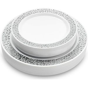 40 Premium Witte Plastic Borden met Zilveren Rand voor Bruiloften, Verjaardagen, Doopfeesten, Kerstmis en Feesten (2 Maten: 20 x 26 cm, 20 x 19 cm) - Stevig en Herbruikbaar