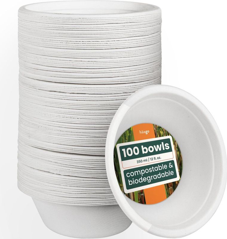 100 Biologisch Afbreekbare Suikerriet Kommetjes (350ml) - Kartonnen Soepkommen, Papieren Schaaltjes - Sterk en Waterdicht