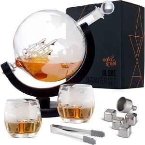 Oak & Steel - Globe Whisky Karaf - 1500ml - Inclusief 2 Whisky Glazen en 4 Whiskystenen