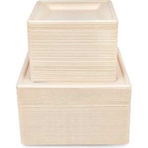 HAAGO 90 Vierkante Wegwerp Bagasse Borden voor Warm & Koud Eten (2 Maten: Groot, 26cm en Klein, 16cm) - Stevig, Stijf en Lekvrij - Biologisch afbreekbaar, Milieuvriendelijk en Composteerbaar
