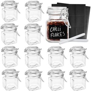 Oak & Steel - 12 Luchtdichte Glazen Kruidenpotjes met Deksel, Kleine Draadbeugelglas, 24 Etiketten en Krijtstiften (Vierkant, 100ml) - Stevig, Handig en Praktisch