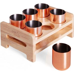 Oak & Steel - 6 Roségouden Shotglaasjes - Roestvrijstaal - Inclusief Houten Displaystandaard