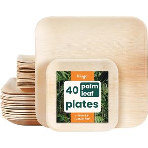 HAAGO 40 Palmblad Wegwerp Borden (2 Maten, 25cm & 15cm, Vierkant) - 100% Natuurlijk, Ecologisch, Biologisch afbreekbaar & Composteerbaar - Magnetronbestendig
