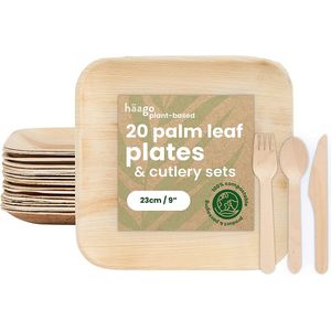 HAAGO 80-delig Palmblad Servies & Houten Bestek Set (20x 22cm Vierkante Borden, 20x Messen, 20x Vorken, 20x Lepels) Biologisch afbreekbaar & Wegwerp Servies - Picknick, BBQ - Magnetronbestendig