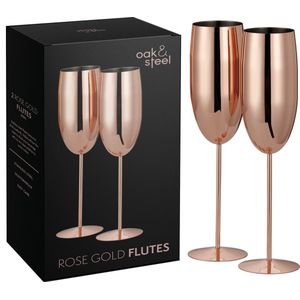 Oak & Steel - 2 Roestvrijstalen Champagneglazen met Geschenkdoos - Premium RVS - (Rose Goud/Koper, 280ml) - Elegant, Stevig en Onbreekbaar - Cadeau voor Verjaardagen, Bruiloften & Kerstmis