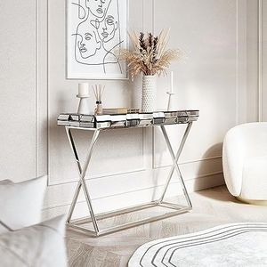CARME Knightsbridge consoletafel, gespiegeld, 3D-glaseffect, chroom, gekruiste poten, grijs
