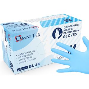 Omnitex Premium 200st. Blauwe Nitrilhandschoenen | Maat M | Poedervrij | Latexvrij | Voedselveilig | EN455 EN374 EN420 | CE & UKCA Cat3-klasse