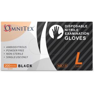 Omnitex Premium 200st. Zwarte Nitrilhandschoenen | Maat L | Poedervrij | Latexvrij | Voedselveilig | EN455 EN374 EN420 | CE & UKCA Cat3-klasse