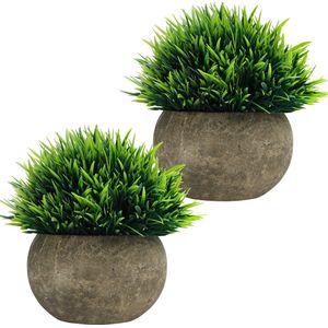 Mini Artificiële Pot Planten - Nep Groene Gras Bosjes - Grijze Pot - 2 Stuks