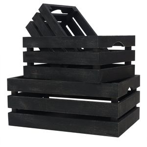 Belle Vous Zwart Houten Opslag Kratten met Handvatten (Set 3) Small, Medium & Large Maat – Natuurlijk Rustiek Decoratief Houten Krat – Stapelbare Nest Huis Decor Doos – Vintage Platteland Display Mand