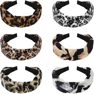 Belle Vous - Brede Top Kruis Knot Hoofdbanden - Luipaard Print - 6 Stuks - Polyester Chiffon