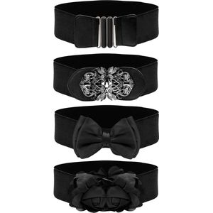 Belle Vous Dames Zwart Vintage Elastische Rek Riem (4pak) - 4 Stijlen – Brede Retro Mode Riem Heupband Voor Jurken