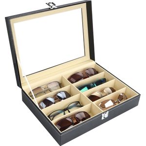 Kurtzy Faux Lederen Zonnebrillen Organizer Doos – 8 Sleuven voor Brillen – Afsluitbare Zwarte Display Opslag Collectie Kast voor Zonnebrillen, Brillen, Oogmode, Sieraden, Horloges voor Heren en Dames