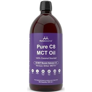 Premium Pure C8 MCT-olie | Verhoogt ketonen 3x meer dan andere MCT's | Hoogste 99,8% zuiverheid | Veganistisch en ketovriendelijk | Gluten & Dariy vrij | BPA-vrije plastic fles van 1000 ml | Caprylzuur | KetosourceÂ®
