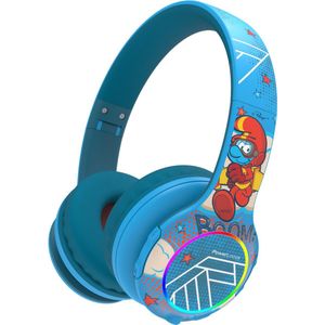 PowerLocus PLED Draadloze Koptelefoon Over-Ear voor Kinderen - LED lampjes - met Microfoon - Micro SD poort - Blauw Smurf Collection