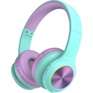 PowerLocus PLED Draadloze Koptelefoon Over-Ear voor Kinderen - LED lampjes - met Microfoon - Micro SD poort - Teal/Purple