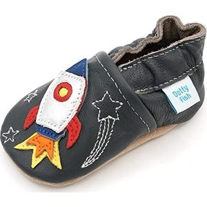 Dotty Fish - Ruimteraket - Antislip Peuterschoenen - Donkergrijs - Zachte Lederen Babyschoenen
