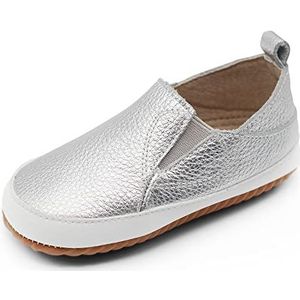 Dotty Fish Leren schoenen met blote voeten. Flexibele antislip rubberen zool trainers. First Walkers. Slip-On Peuter Schoenen (3-7 UK Child), Zilver, 5 UK Child