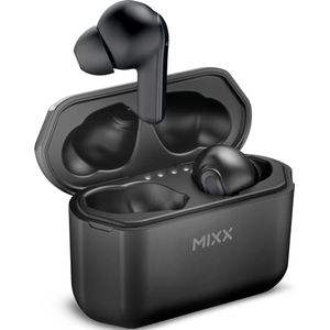 Mixx StreamBuds Mini Draadloze bluetooth-hoofdtelefoon met microfoon, IPX5, stereo-hoofdtelefoon, hifi-stereo-hoofdtelefoon, 24 uur looptijd met oplaadetui, voor werk, sport of games (zwart)