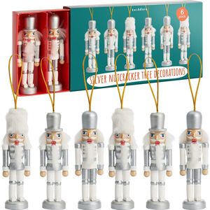THE TWIDDLERS - Set 6 Zilver Houten Notenkraker Soldaten 10cm/4"" - Traditionele Kersthangers, Kerstboomversiering met Bewegende Delen