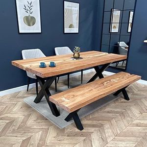 COKU Home Mountain Solid Acacia Hout Centrale Live Edge Industriële Stijl Eettafel met Zwarte X Vormige Benen Zetels 8 Lengte 208cm Breedte 90cm