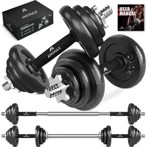Amonax Halter voor krachttraining, 15, 20, 30 kg, alternatieve halterstang, verstelbaar, voor heren en dames, sport, thuis, materiaal, gewicht thuis, gewichtheffen, set halters, fitness, dumbbell-set