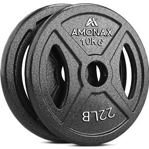 Amonax Gietijzeren halterschijvenset, 2,5 kg, 5 kg, 10 kg halterplaten voor 1 & 2 inch Olympische halterschijven, metalen halterplaten voor gewichtheffen, heupstuwkracht, stalen halterschijven voor