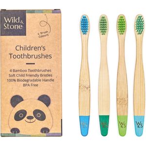 Wild & Steen | Biologische bamboe kindertandenborstel | 4-pack | Zachte haren | 100% biologisch afbreekbaar handvat | BPA-vrij | Veganistische, milieuvriendelijke kindertandenborstels (Aqua)